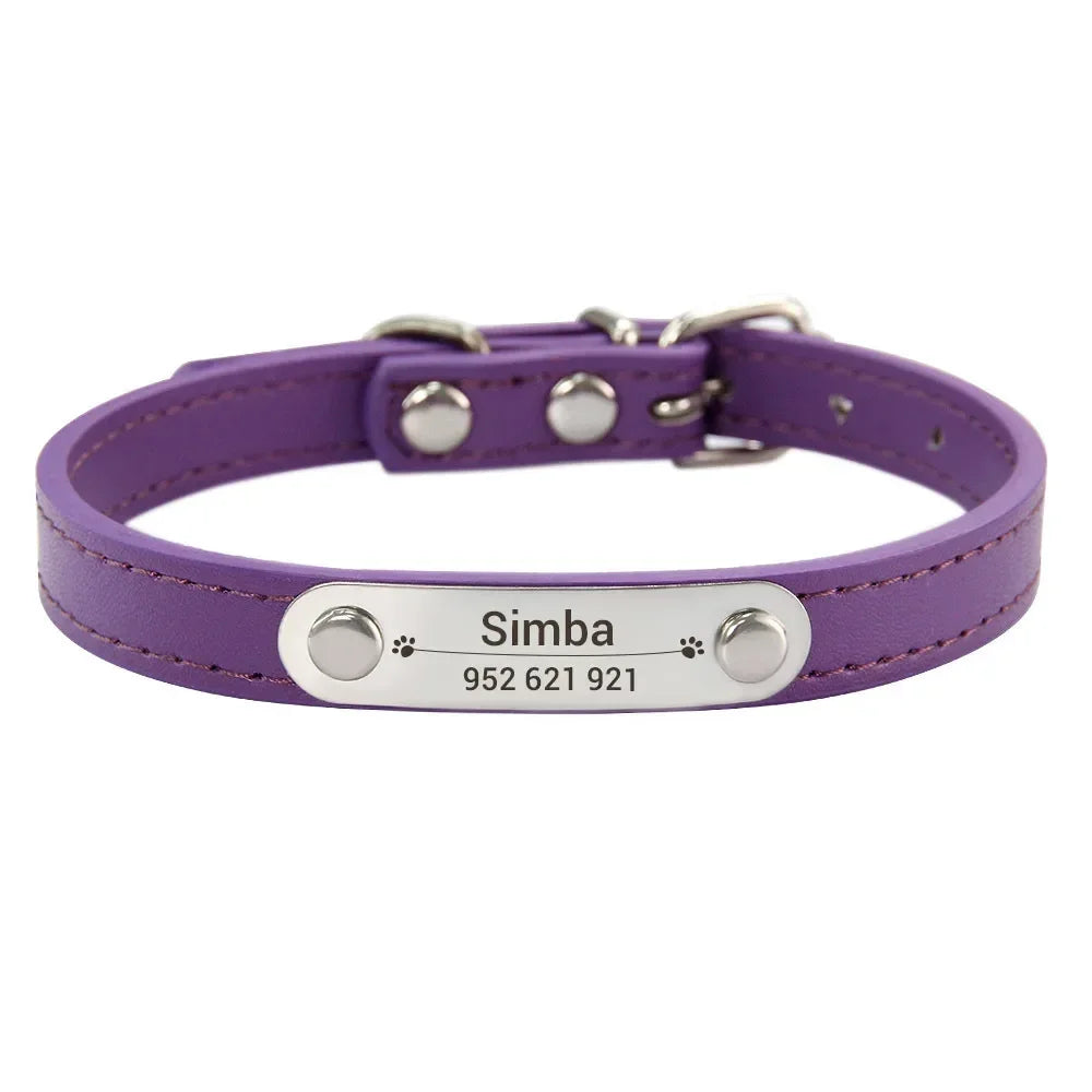 Personalized Dog Collar Name Carved 16 Colors Solid PU Leather Collar For Small Medium Large Dogs Puppy Cat Accessories Red Pink