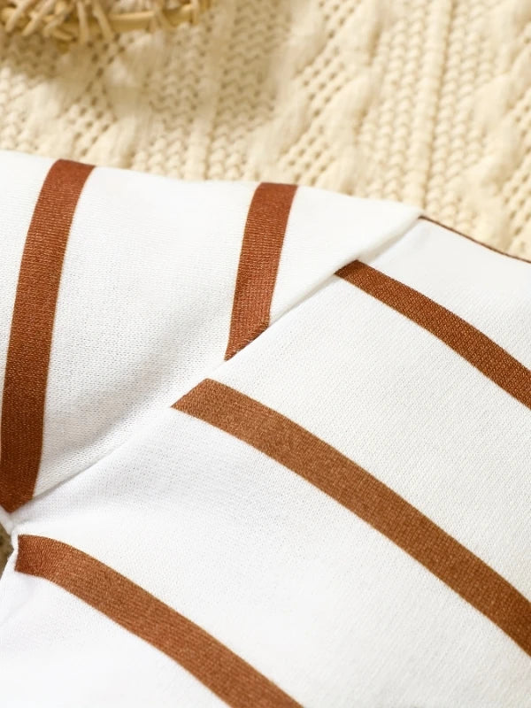 "Korean-Style Baby Romper | Brown & White Striped Onesie with Bear-Holding-Heart Embroidery - 'I Love Mom & Dad' Themed"