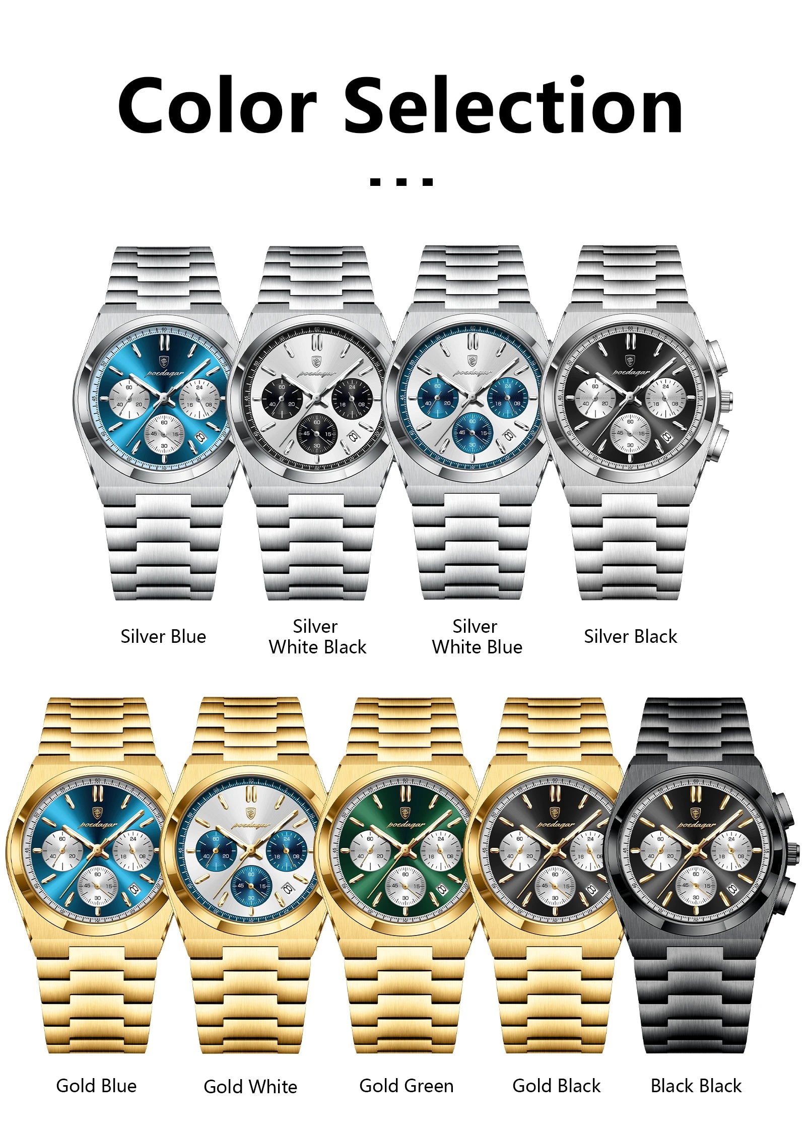 POEDAGAR Top Business Men's Watch Chronograph Date Stainless Steel Classic Man Clock Waterproof Luminous Quartz Watches For Men