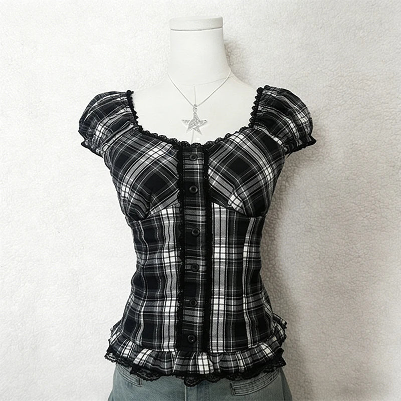 Y2K Gothic style aesthetic tops square neck womens style retro Harajuku fashion casual fairy style sweet and cute emotional girl
