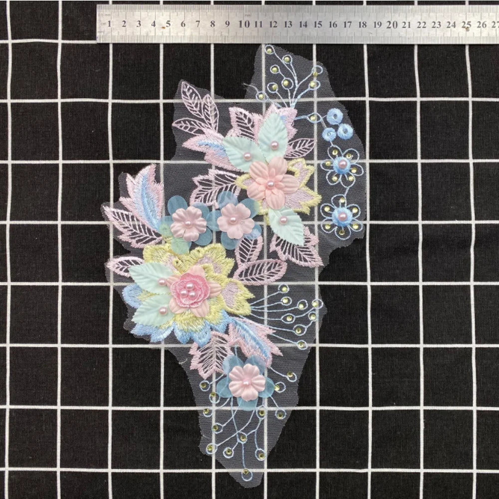 1Pc Beaded Pink Flower Embroidery Lace Accessories Wedding Dress Decoration Patch Flowers Handmade DIY Repair 28*18CM