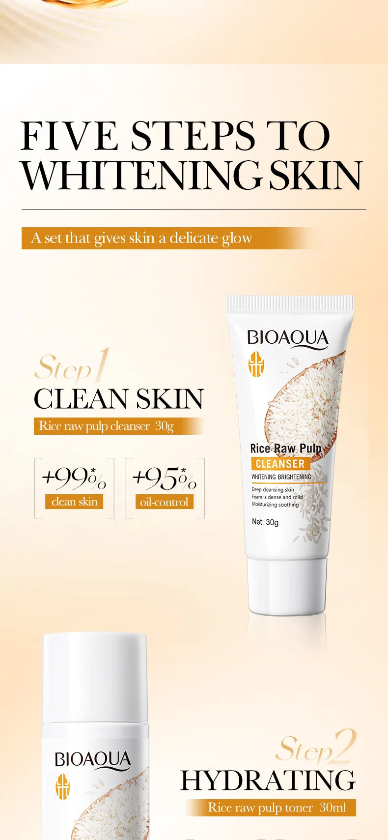 Rice Puree Skin Care Set Whitening Brighten Hydrating Moisturize Soothing Facial Cleanser+Toner+Essence+Lotion+Cream Skincare