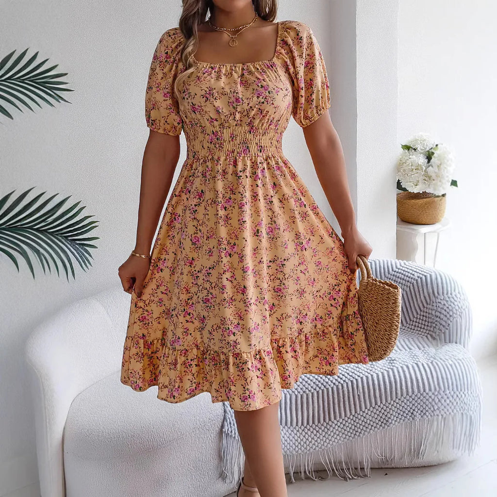 Summer Women's Beach Dress Floral 3D Print Square Neck Short-Sleeved Ladies Waist Ruffled A-Line Dress For Women Holiday Dresses