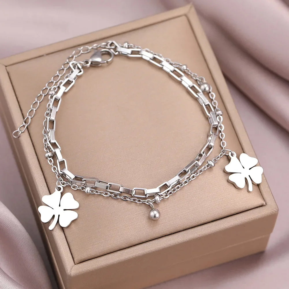 Charm Four Leaf Lucky Flower Double Layer Bracelet for Women Luxury Gold Color Stainless Steel Bangle Jewelry Gift Colorfast