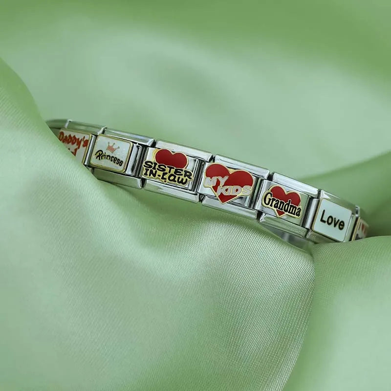 Hapiship 2024 Love Daddy’s Girl Princess DAD Aunt Flower Italian Charms Links Fit 9mm Bracelet Stainless Steel DIY Jewelry DJ026