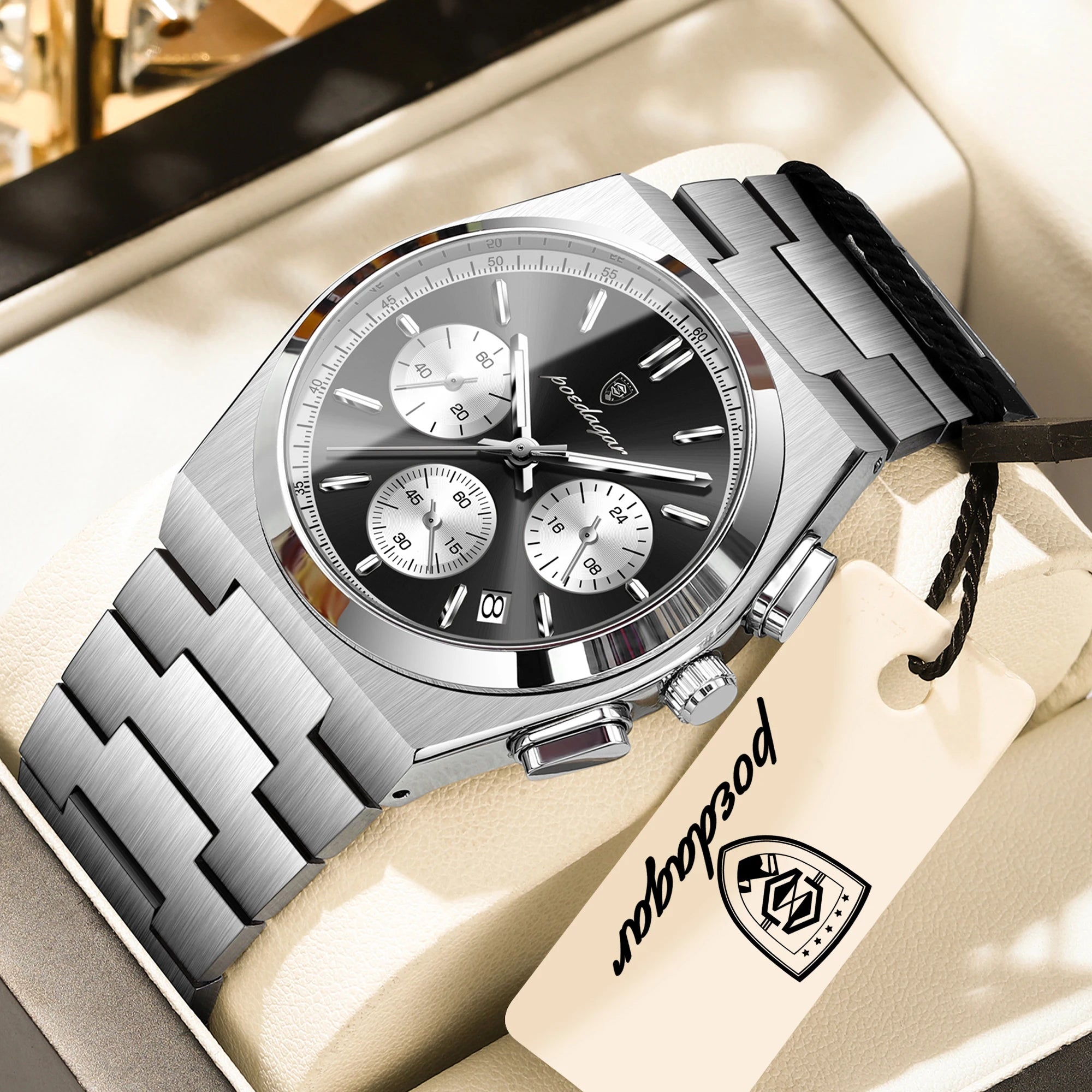 POEDAGAR Top Business Men's Watch Chronograph Date Stainless Steel Classic Man Clock Waterproof Luminous Quartz Watches For Men
