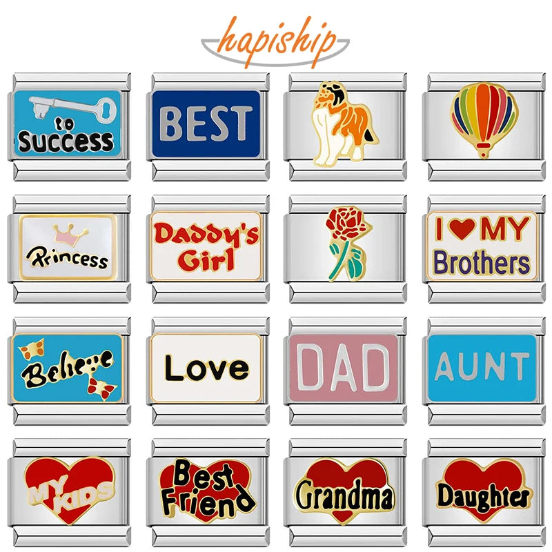 Hapiship 2024 Love Daddy’s Girl Princess DAD Aunt Flower Italian Charms Links Fit 9mm Bracelet Stainless Steel DIY Jewelry DJ026