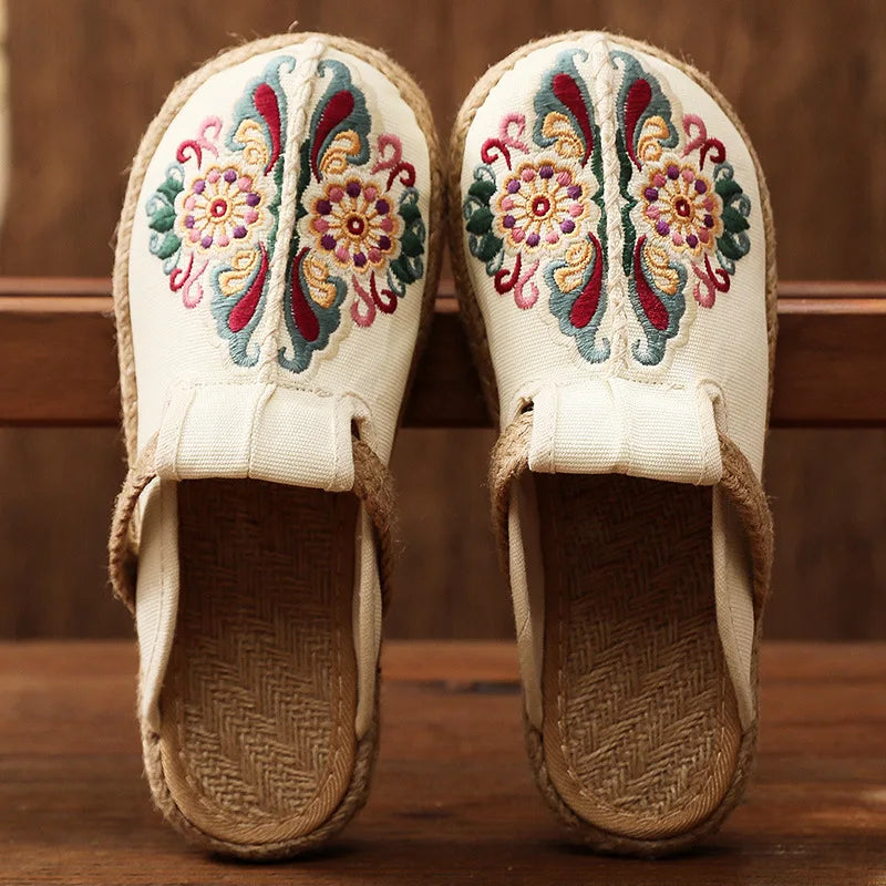 Johnature Women Slippers Summer 2026 New Slides Embroider Flat With Women Shoes Retro Flower Handmade Concise Ladies Slippers