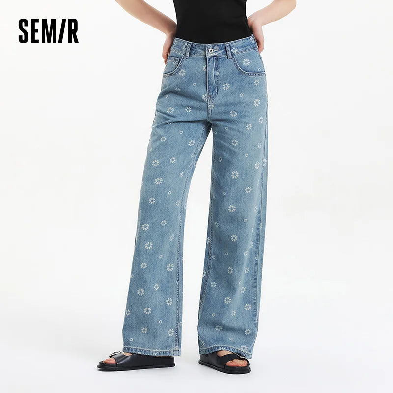 Semir All Over Print Denim Pants Women Sweet Niche 2025 Summer New Cotton Wide Leg Trousers