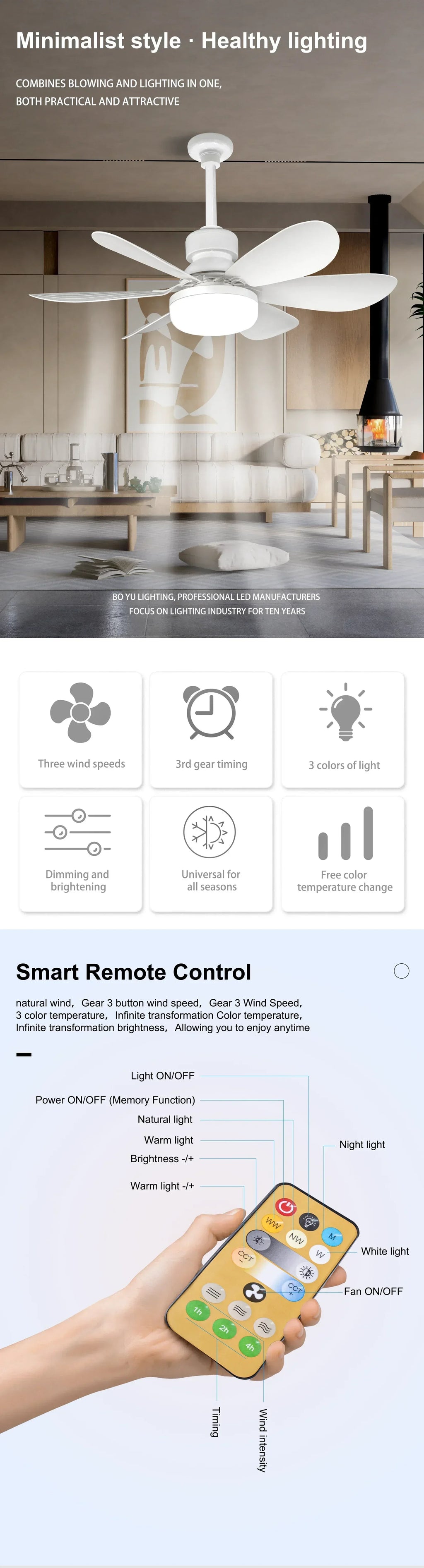 Ceiling Fan Lighting Dimmable Light Color Temperature Modern Ceiling Mount Remote Control Smart E27 Led Ceiling Fan Light