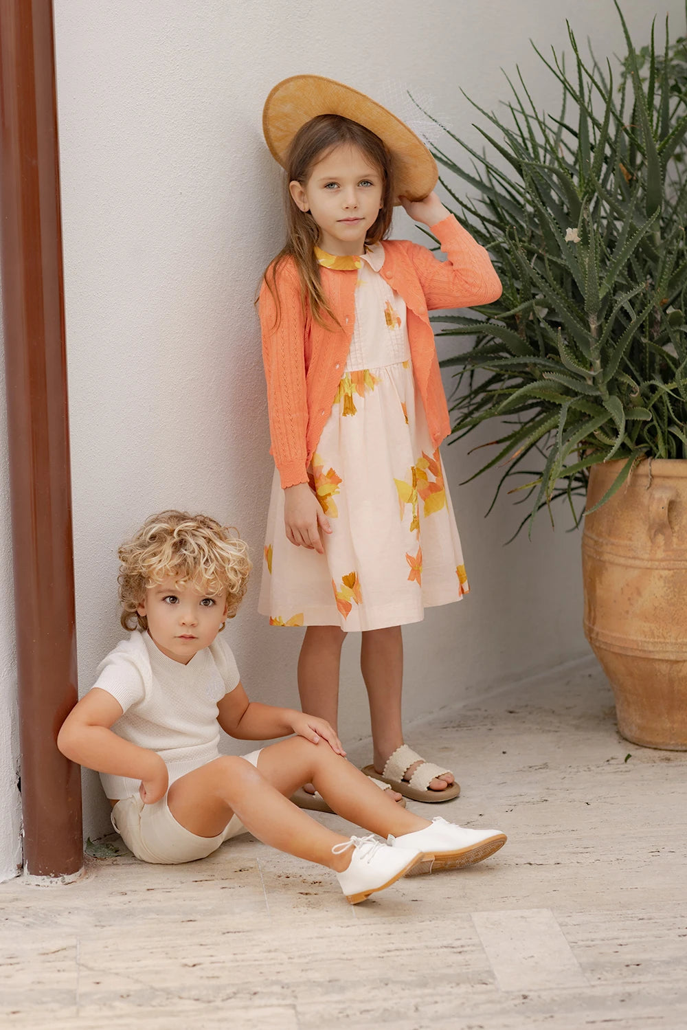 AP Spanish Sunset Collection SS26 Girls Puff Sleeves Dress Embroidery Sweater Boy V-neck Blazer Brothers Sisters Family Matching