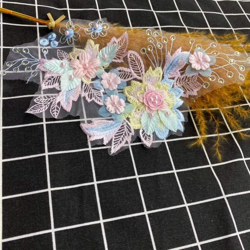 1Pc Beaded Pink Flower Embroidery Lace Accessories Wedding Dress Decoration Patch Flowers Handmade DIY Repair 28*18CM
