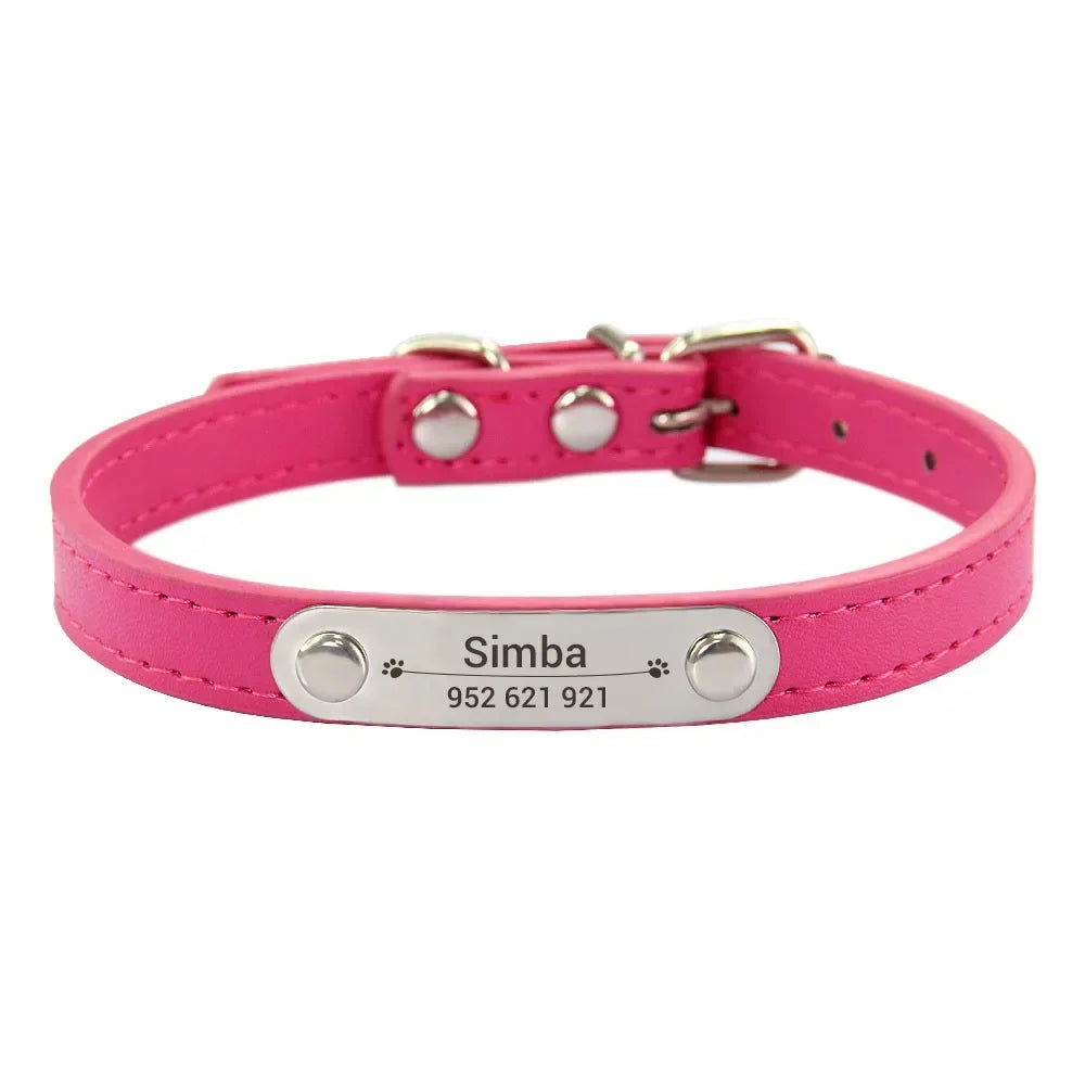 Personalized Dog Collar Name Carved 16 Colors Solid PU Leather Collar For Small Medium Large Dogs Puppy Cat Accessories Red Pink