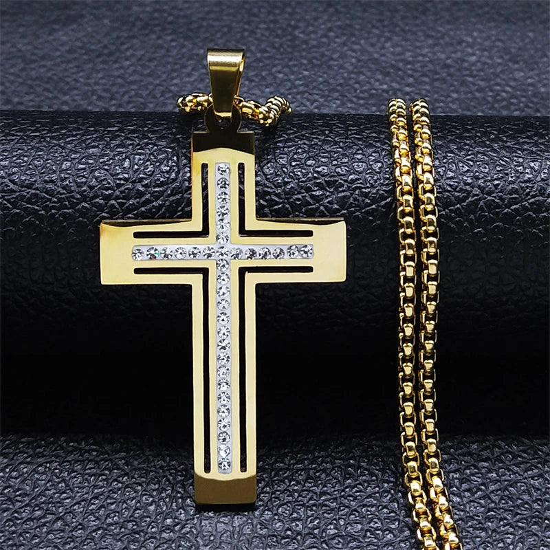 Catholic Cross Amulet Crystal Pendant Men Chain Necklace Gold Color Stainless Steel Necklaces Jewelry colar masculino N4930S02