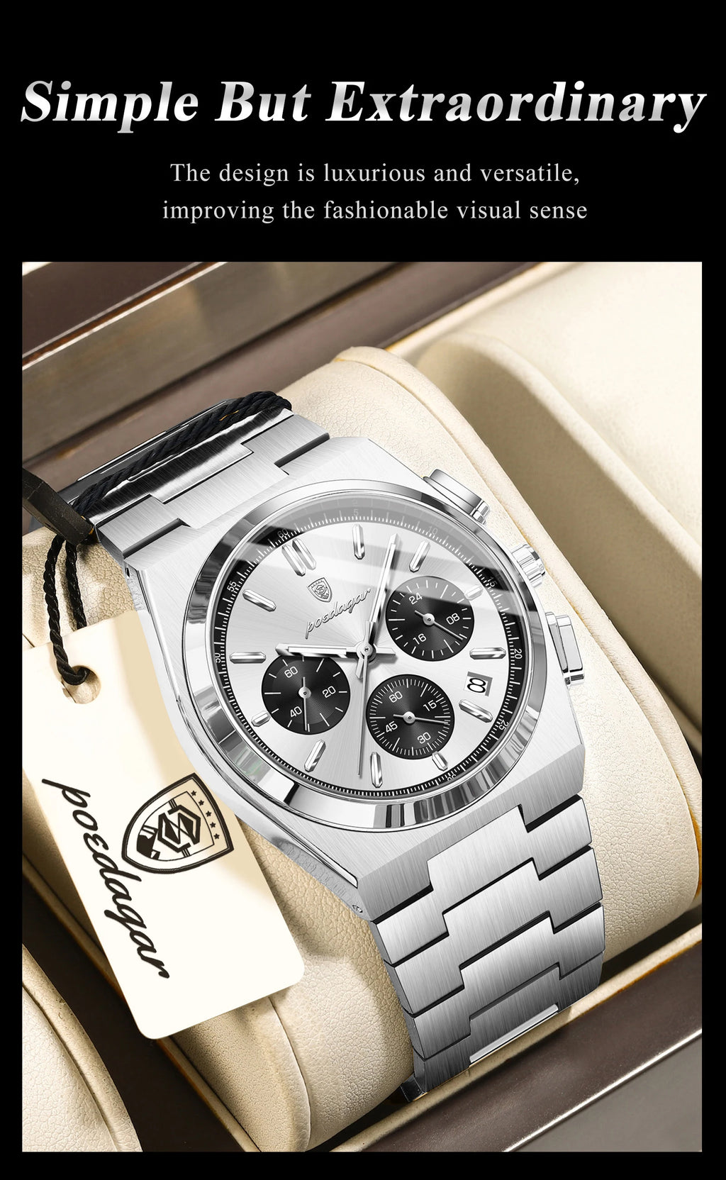 POEDAGAR Top Business Men's Watch Chronograph Date Stainless Steel Classic Man Clock Waterproof Luminous Quartz Watches For Men