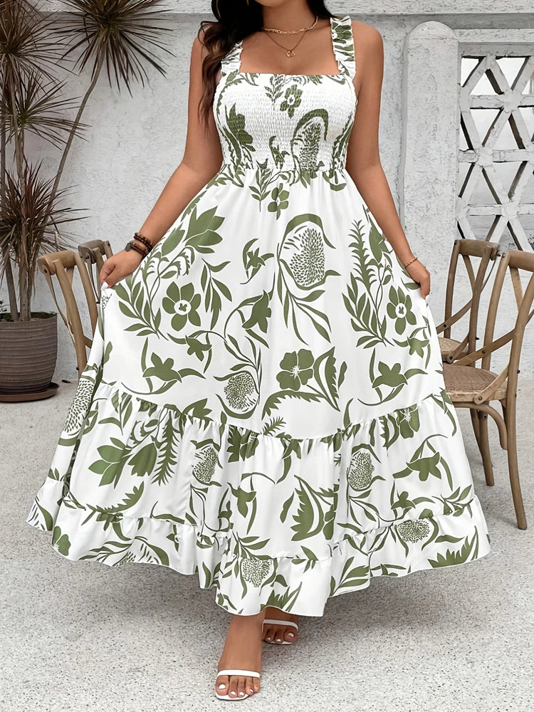 Plus Size 2025 Summer New Holiday Floral Halter Dress with Ruffle Hem and Gathered Bust Plus Size Dress Polyester
