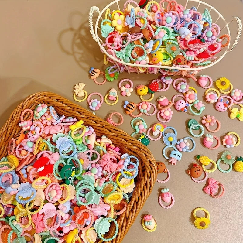 30pcs girls high elastic hair band does not hurt hair, cartoon animal flowers and fruit decorative hair band, decorative hair se