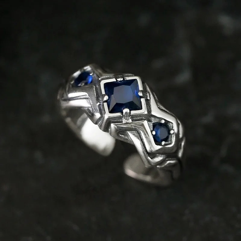 QEENKISS 925 Sterling Silver Vintage Square Blue Rings for Men Birthday Wedding Party Christmas Groom Father Boy Gifts RG7092