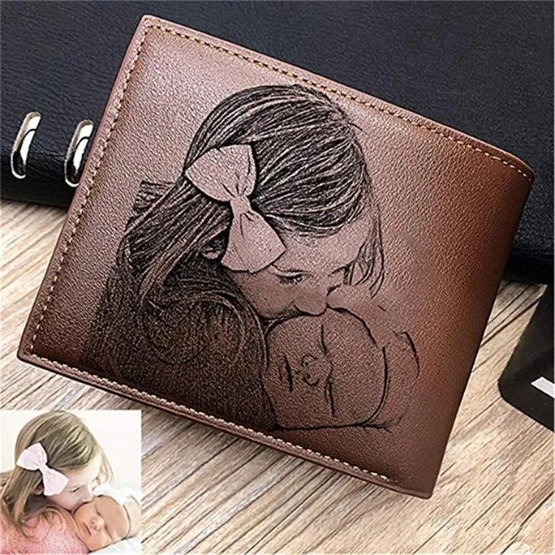 Personalized Picture Name Wallet Engraved Photo Short Purse Custom Folding Wallet Gifts for Him Men for Dad Father's Day Husban