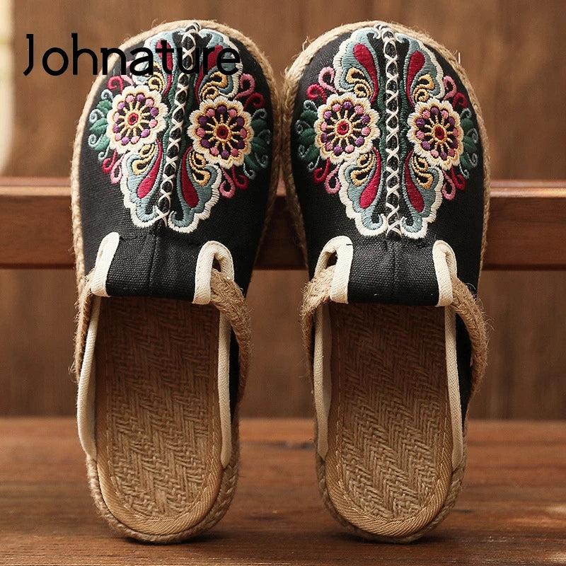 Johnature Women Slippers Summer 2026 New Slides Embroider Flat With Women Shoes Retro Flower Handmade Concise Ladies Slippers