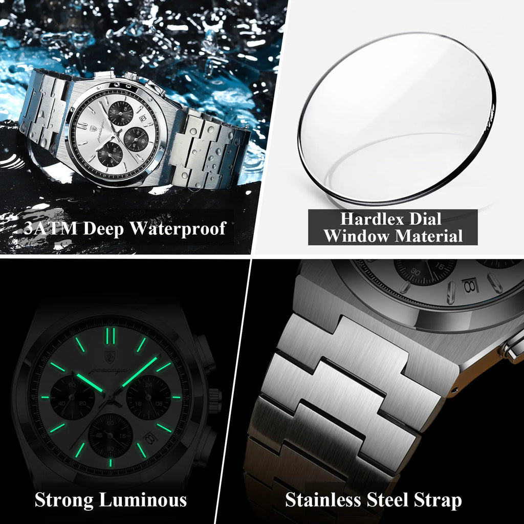POEDAGAR Top Business Men's Watch Chronograph Date Stainless Steel Classic Man Clock Waterproof Luminous Quartz Watches For Men