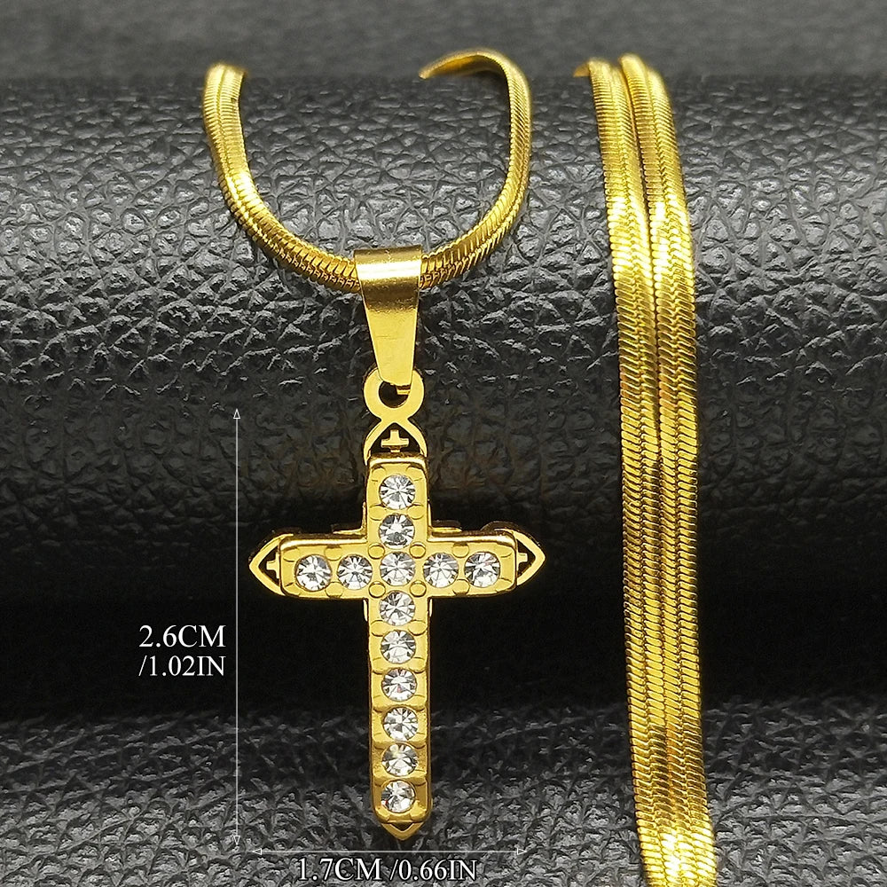 Catholic Cross Amulet Crystal Pendant Men Chain Necklace Gold Color Stainless Steel Necklaces Jewelry colar masculino N4930S02