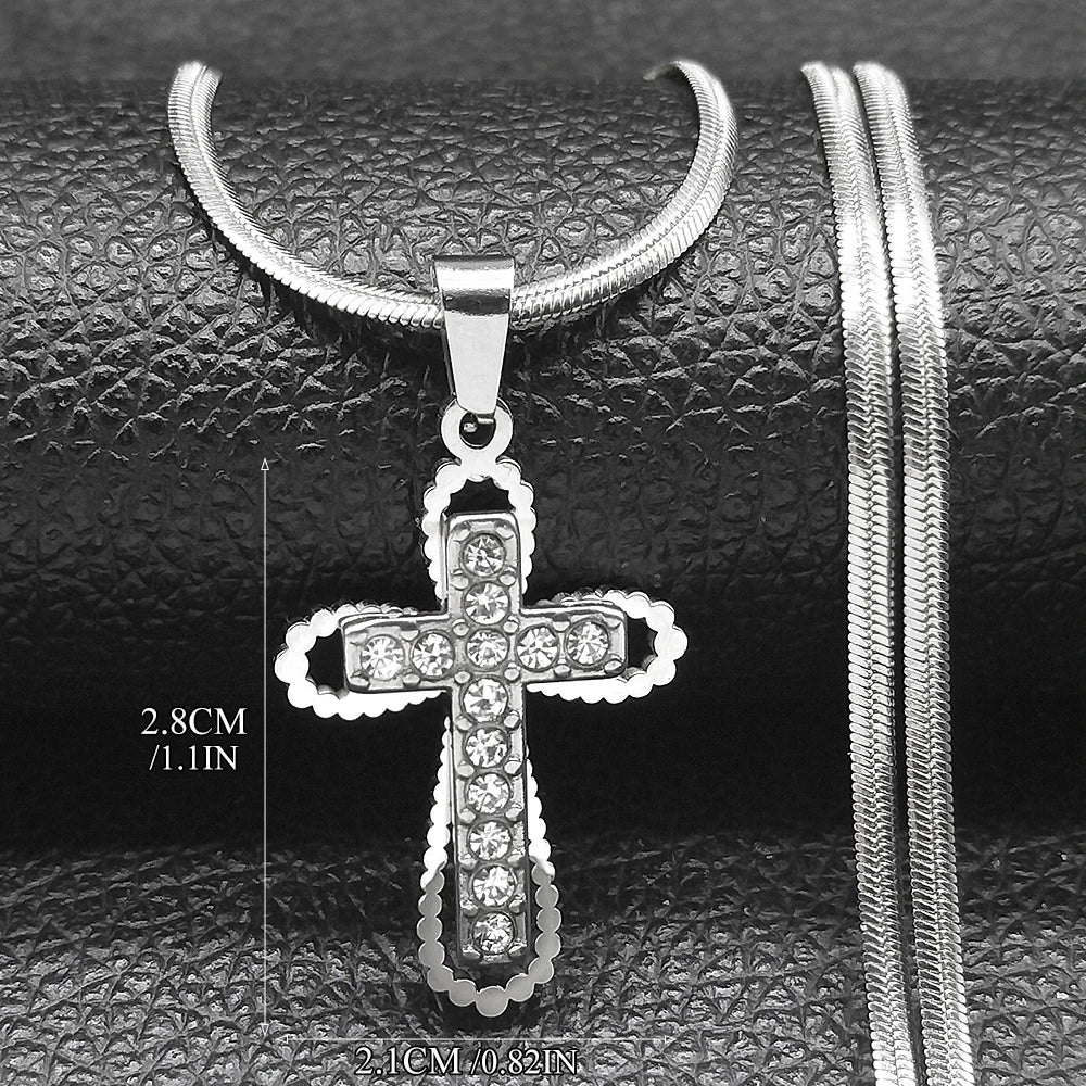 Catholic Cross Amulet Crystal Pendant Men Chain Necklace Gold Color Stainless Steel Necklaces Jewelry colar masculino N4930S02
