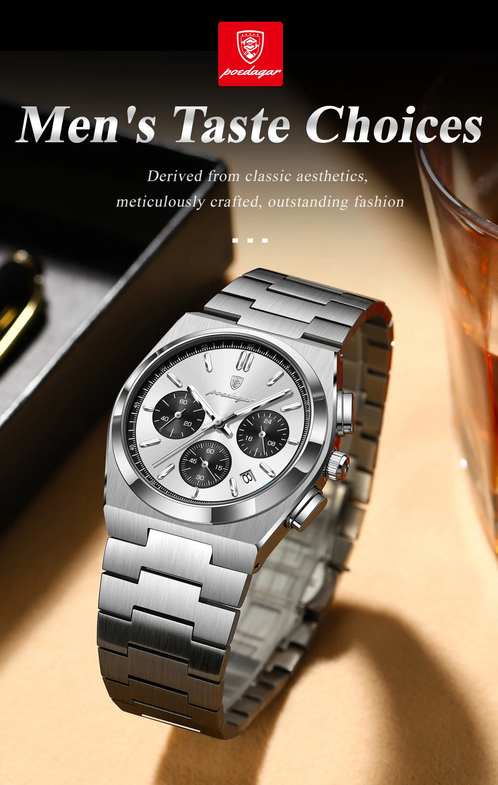 POEDAGAR Top Business Men's Watch Chronograph Date Stainless Steel Classic Man Clock Waterproof Luminous Quartz Watches For Men