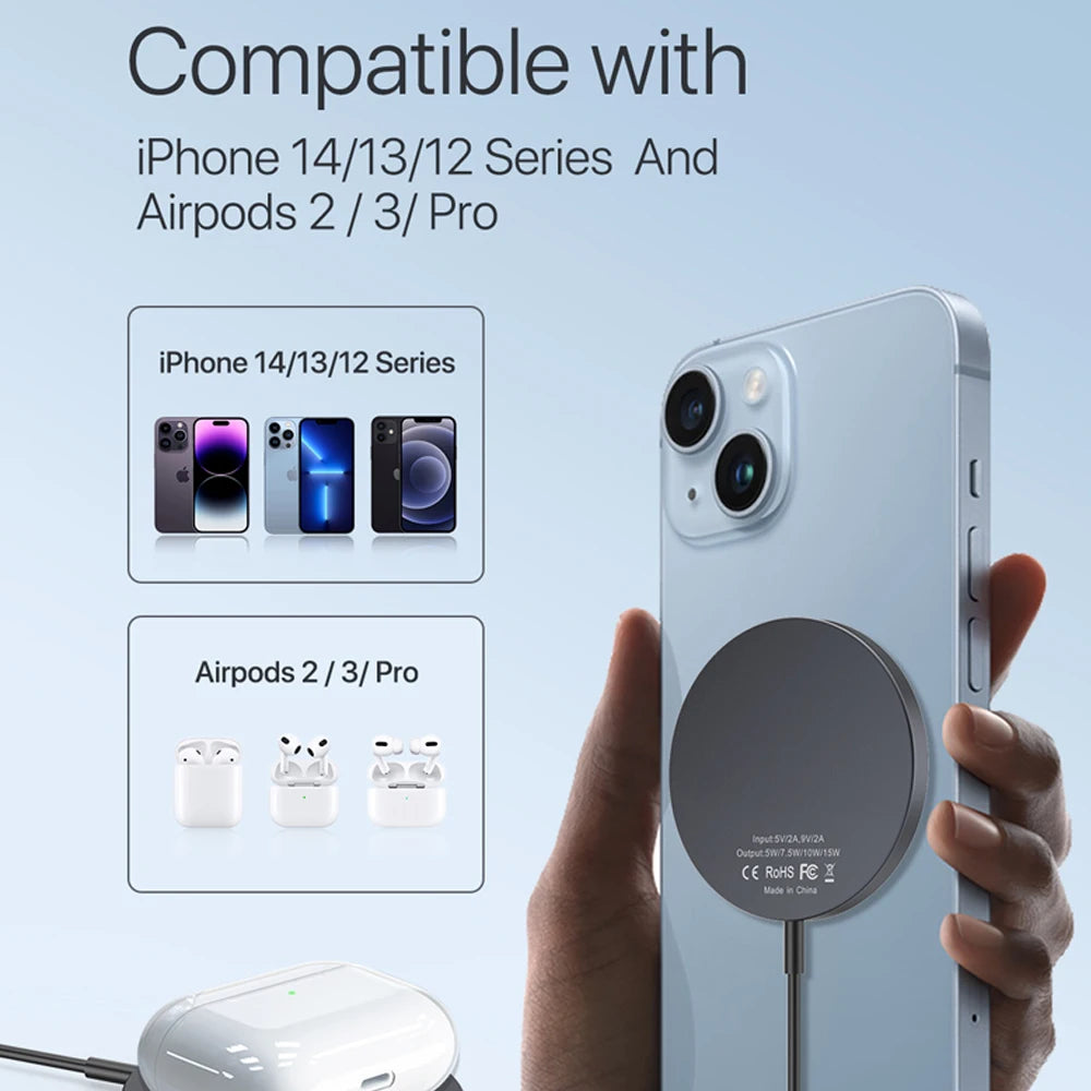 Magnetic Wireless Charger For iPhone 15 14 13 12 11 Pro XS Max Mini X XR Induction Fast Wireless Charging Pad For AirPods Pro 2