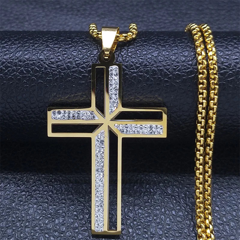 Catholic Cross Amulet Crystal Pendant Men Chain Necklace Gold Color Stainless Steel Necklaces Jewelry colar masculino N4930S02