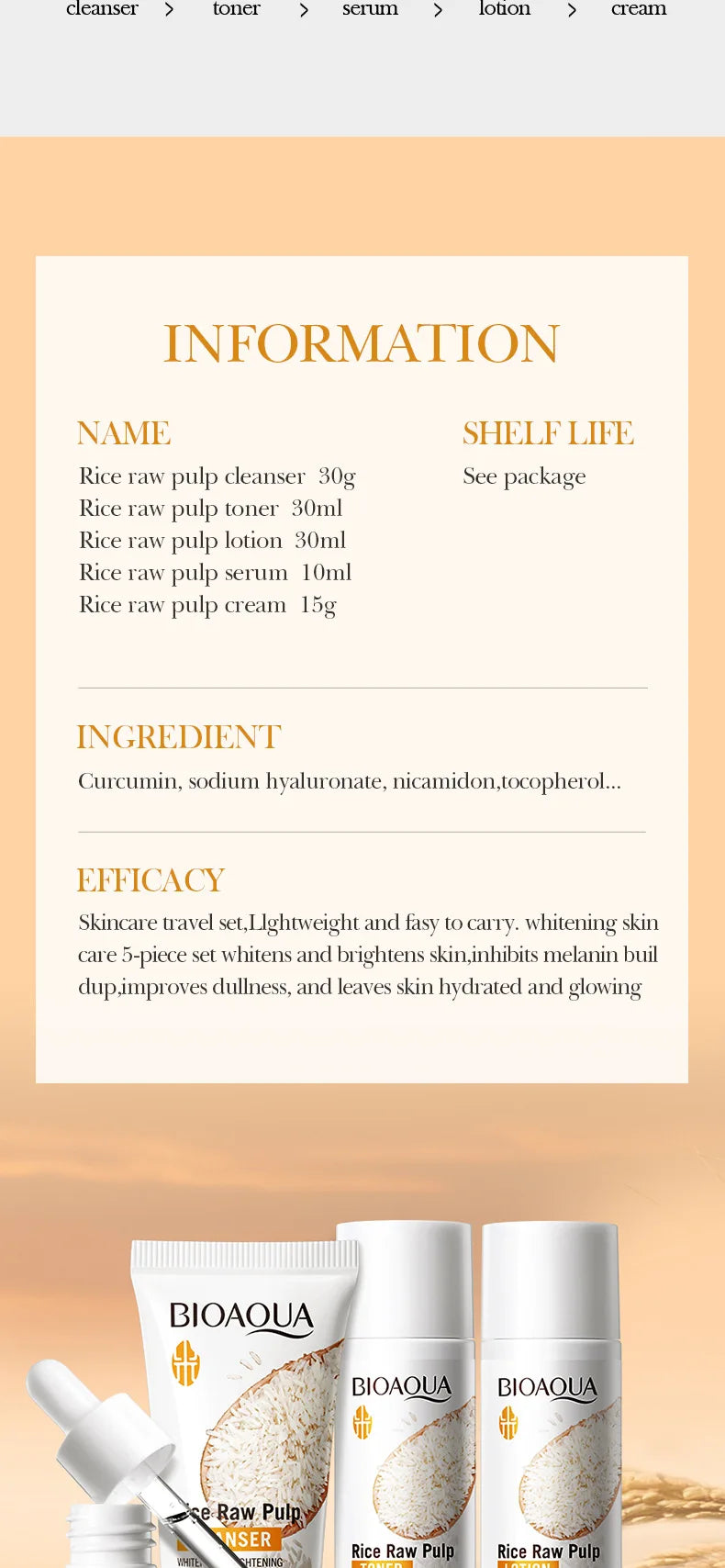 Rice Puree Skin Care Set Whitening Brighten Hydrating Moisturize Soothing Facial Cleanser+Toner+Essence+Lotion+Cream Skincare