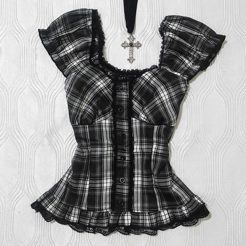 Y2K Gothic style aesthetic tops square neck womens style retro Harajuku fashion casual fairy style sweet and cute emotional girl