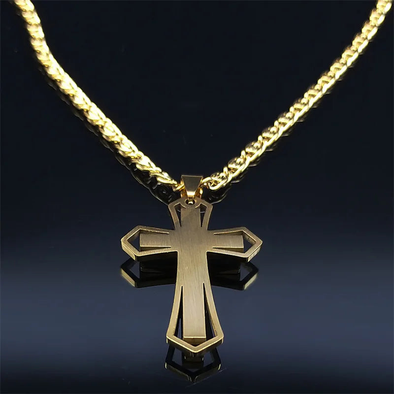 Catholic Cross Amulet Crystal Pendant Men Chain Necklace Gold Color Stainless Steel Necklaces Jewelry colar masculino N4930S02