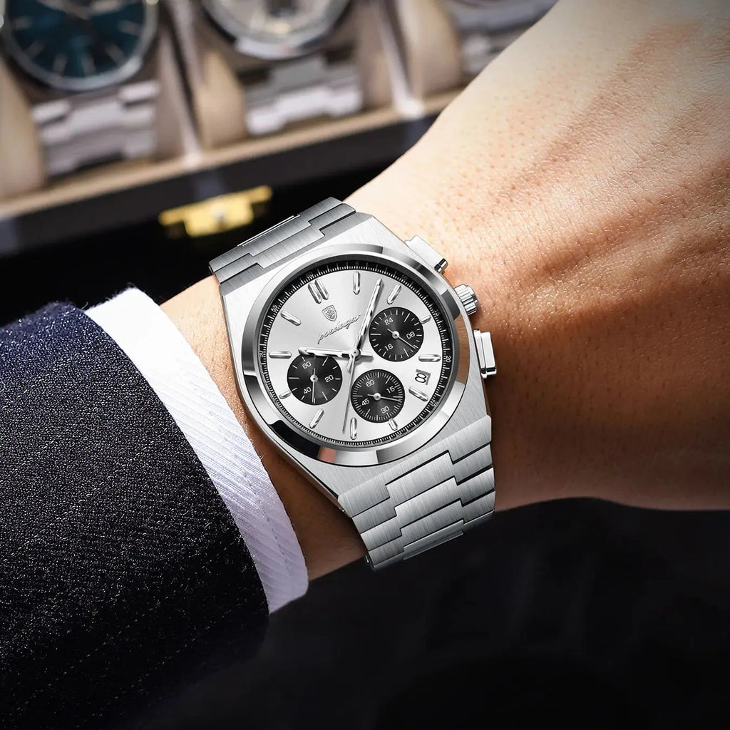 POEDAGAR Top Business Men's Watch Chronograph Date Stainless Steel Classic Man Clock Waterproof Luminous Quartz Watches For Men