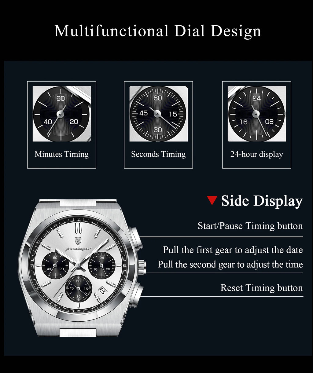 POEDAGAR Top Business Men's Watch Chronograph Date Stainless Steel Classic Man Clock Waterproof Luminous Quartz Watches For Men