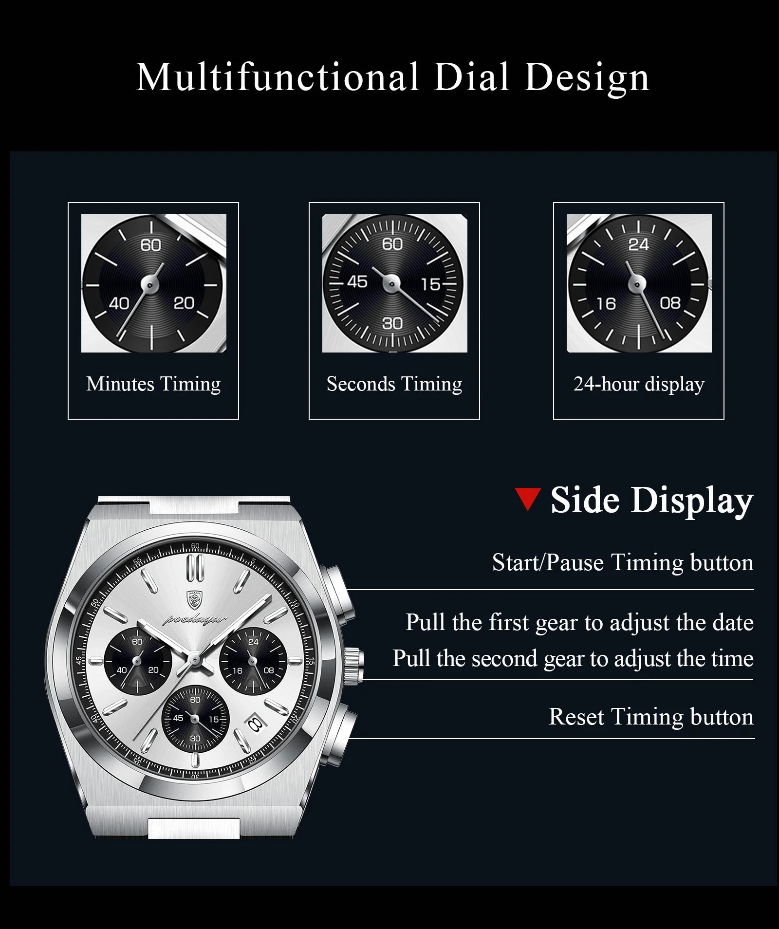 POEDAGAR Top Business Men's Watch Chronograph Date Stainless Steel Classic Man Clock Waterproof Luminous Quartz Watches For Men