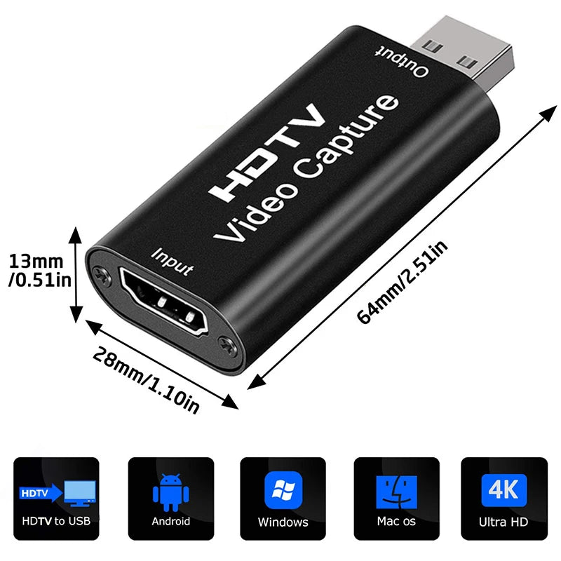 Metal 4K Video Capture Card HDTV 2 USB 2.0 HDMI-compatible to USB Game Grabber Record 1080P for Switch Xbox PS4/5 Live Streaming