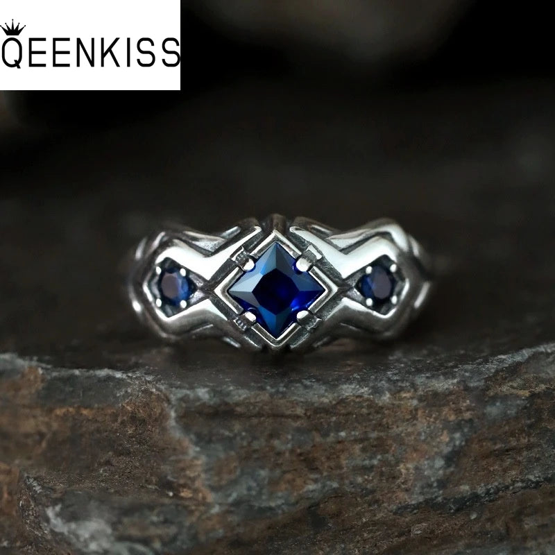 QEENKISS 925 Sterling Silver Vintage Square Blue Rings for Men Birthday Wedding Party Christmas Groom Father Boy Gifts RG7092
