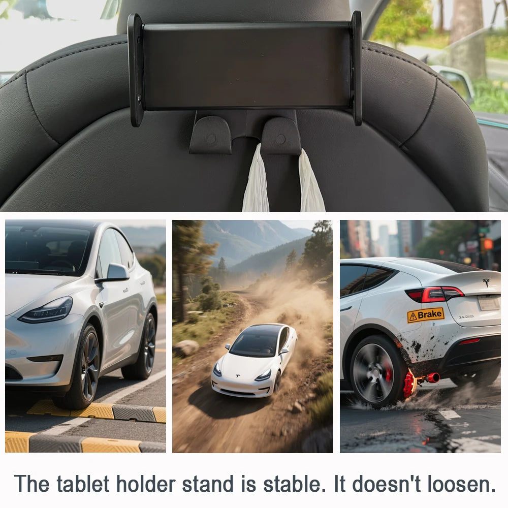 For Tesla Model 3 Y Juniper Back Seat Phone Holder with 2 hooks 360° Rotate Stand Auto Headrest Bracket For Tablet PC iPad Mini