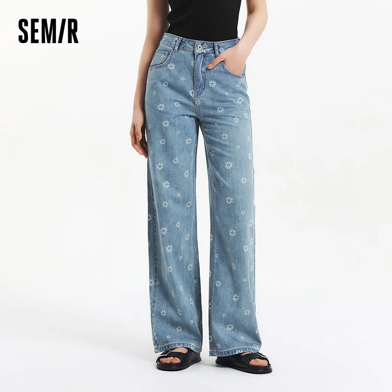 Semir All Over Print Denim Pants Women Sweet Niche 2025 Summer New Cotton Wide Leg Trousers