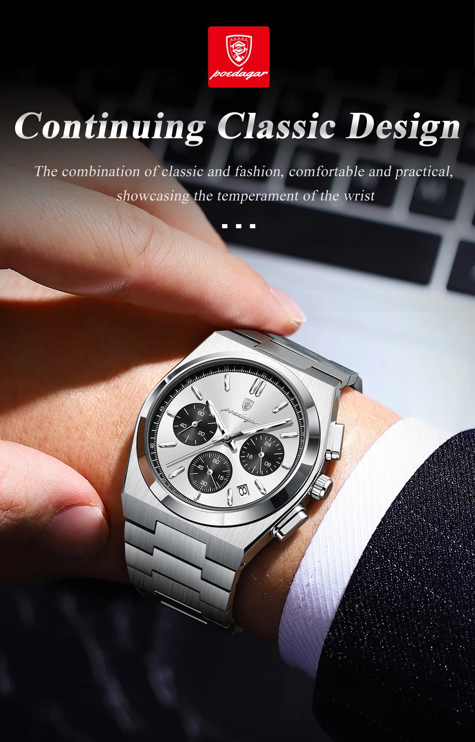 POEDAGAR Top Business Men's Watch Chronograph Date Stainless Steel Classic Man Clock Waterproof Luminous Quartz Watches For Men