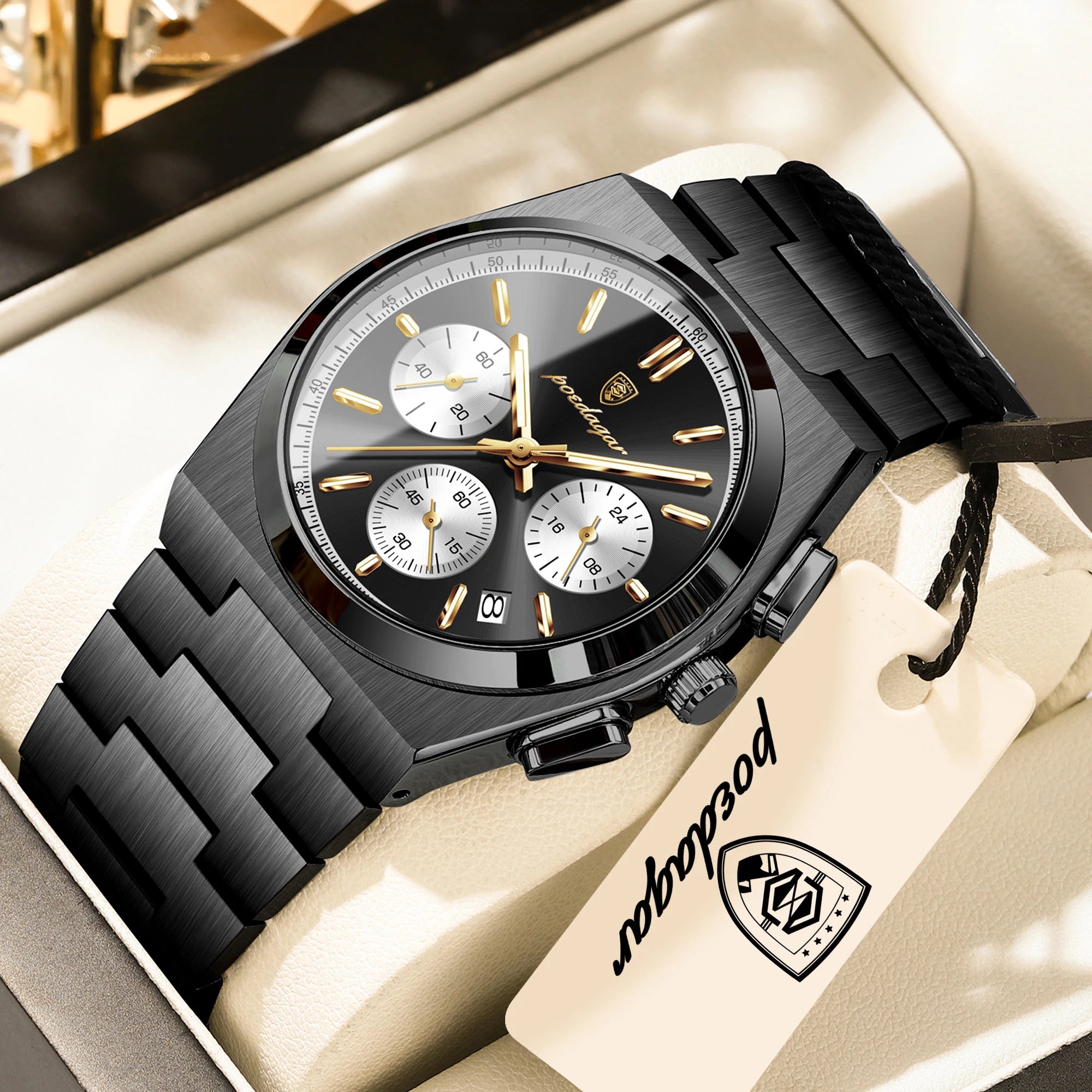 POEDAGAR Top Business Men's Watch Chronograph Date Stainless Steel Classic Man Clock Waterproof Luminous Quartz Watches For Men