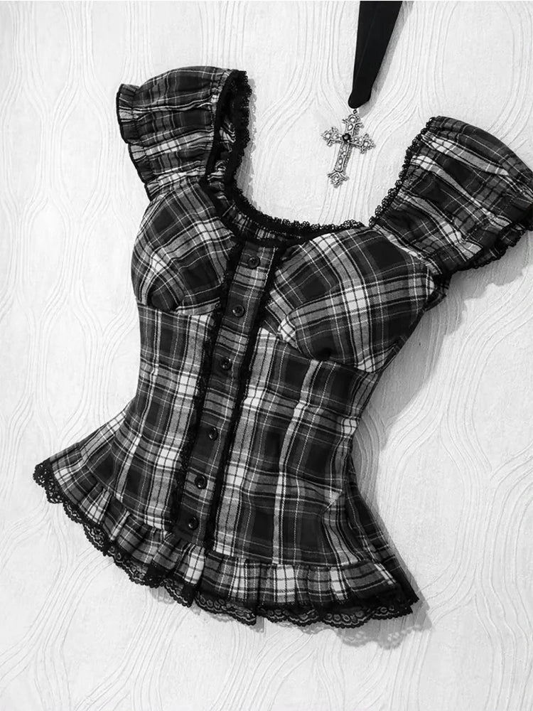 Y2K Gothic style aesthetic tops square neck womens style retro Harajuku fashion casual fairy style sweet and cute emotional girl
