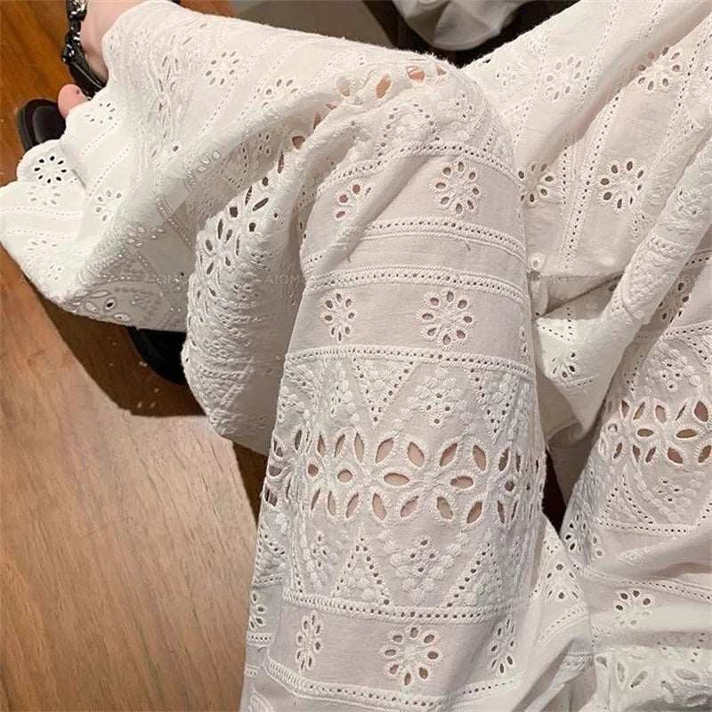 Women's Lace Hollow Out Wide Leg Pants High Waist Elastic 2025 Summer Straight Trousers Fashion Thin Casual Black Pants