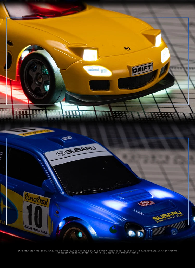 1:43 Mini High Speed Drift 4WD LED Semi proportional Racing Car For Mazda RX7 Subaru Children Remote Control Car Model Toy