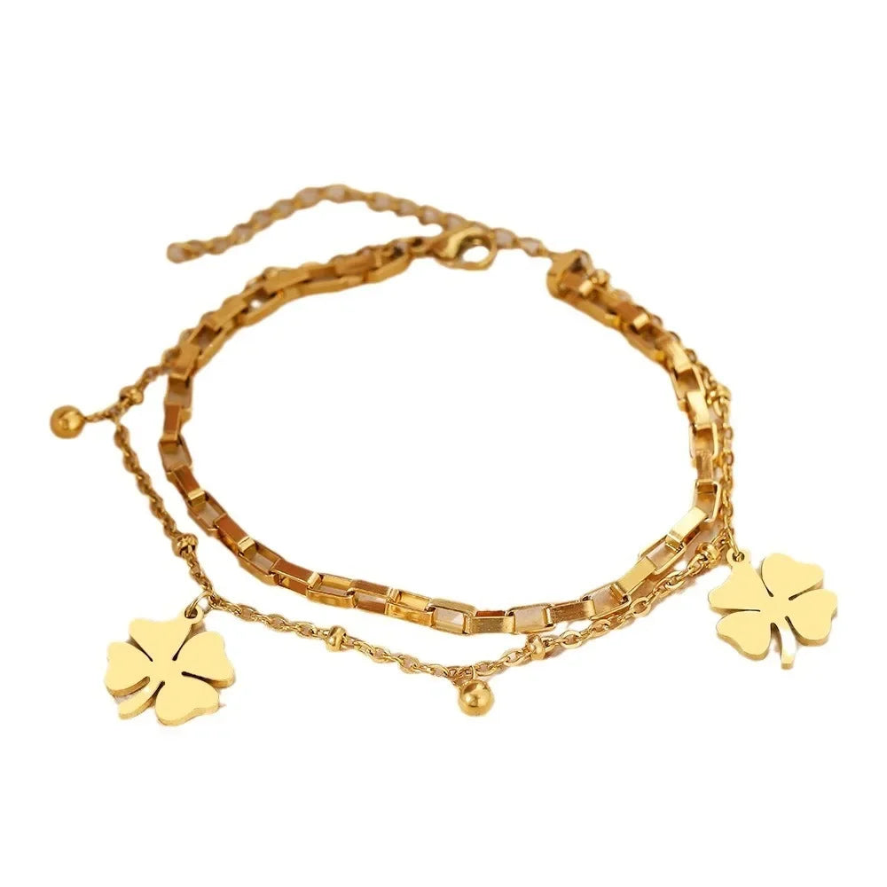 Charm Four Leaf Lucky Flower Double Layer Bracelet for Women Luxury Gold Color Stainless Steel Bangle Jewelry Gift Colorfast
