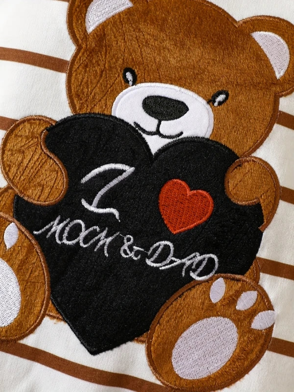 "Korean-Style Baby Romper | Brown & White Striped Onesie with Bear-Holding-Heart Embroidery - 'I Love Mom & Dad' Themed"