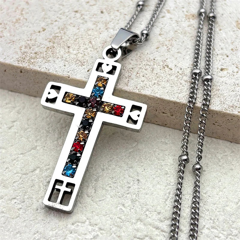 Catholic Cross Amulet Crystal Pendant Men Chain Necklace Gold Color Stainless Steel Necklaces Jewelry colar masculino N4930S02