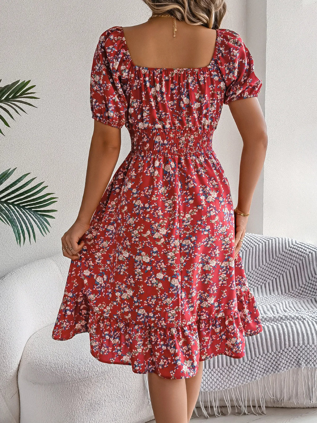 Summer Women's Beach Dress Floral 3D Print Square Neck Short-Sleeved Ladies Waist Ruffled A-Line Dress For Women Holiday Dresses