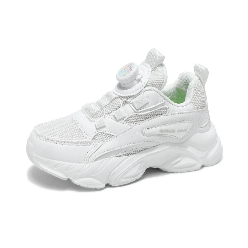 Slip-on rotating buckle! Kids' mesh black dad shoes, breathable and stuffy-free, non-slip white sports shoes for boys and girls